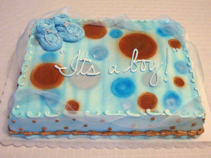 Baby shower cake with booties, blue, brown, its a boy